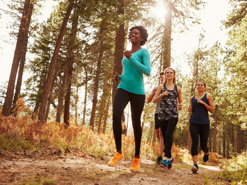 Three women jog on a forest trail in sunlight, surrounded by tall trees and ferns near The Espen Residences