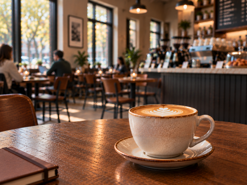A cappuccino with latte art on a wooden table in a cafe, with blurred patrons in the background.