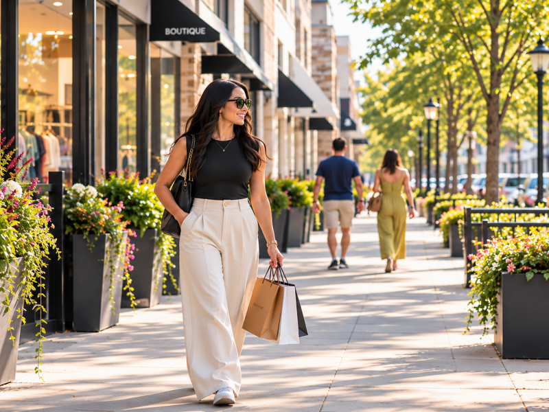 A woman with shopping bags walks along an outdoor boutique shopping plaza.